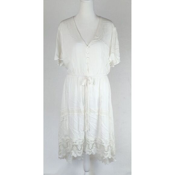 Lace Trim Dress White V Neck Button Front Short Sleeve Dress - Picture 1 of 13